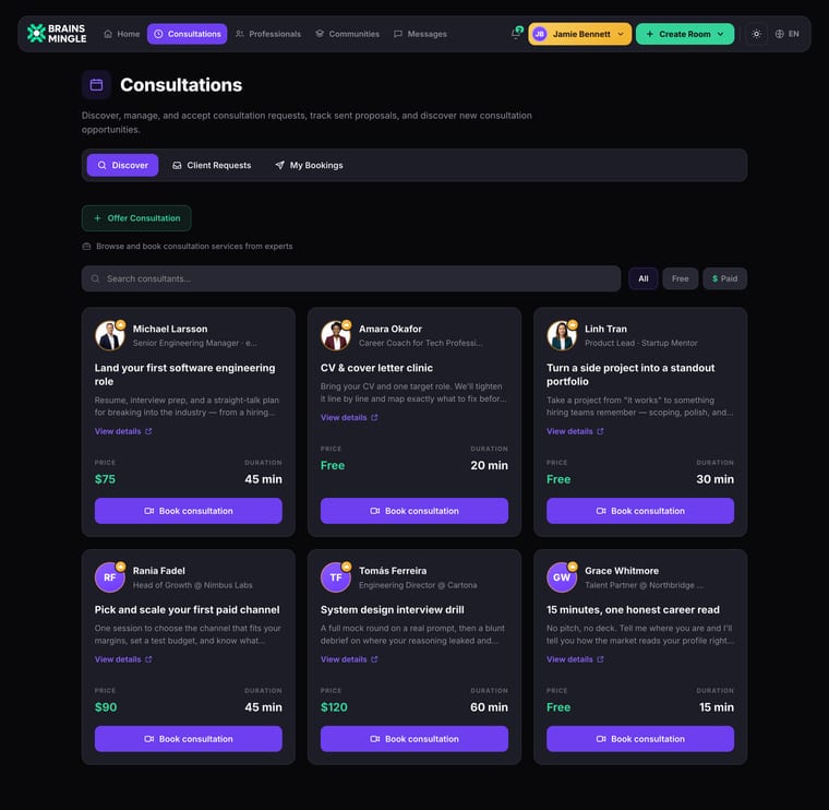 The Consultations page showing the Discover tab with a search bar, All, Free, and Paid filter buttons, and six consultant cards displaying expert name, title, service description, price, duration, and a Book consultation button