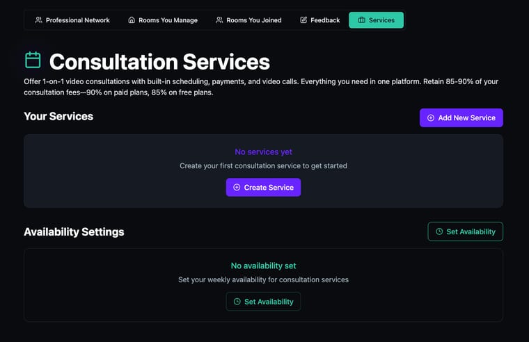 The Consultation Services page showing Your Services in an empty state with a Create Service button, and Availability Settings in an empty state with a Set Availability button