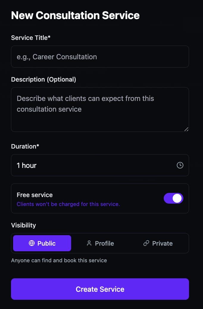 The New Consultation Service modal showing Service Title, Description, Duration set to 1 hour, Free service toggle enabled with a note that clients will not be charged, Visibility set to Public, and a Create Service button
