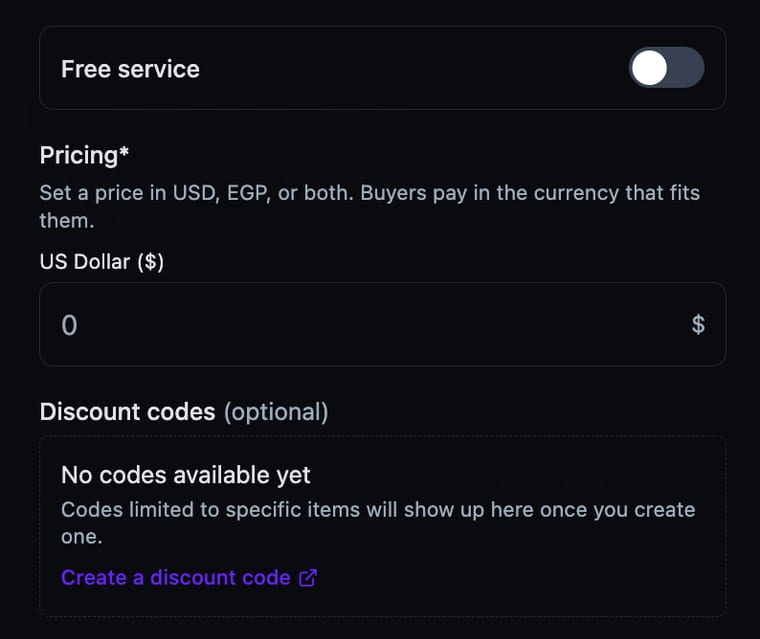 The paid consultation settings showing Free service toggled off, a Pricing section with a US Dollar price field, and a Discount codes section in its empty state with a link to create a discount code