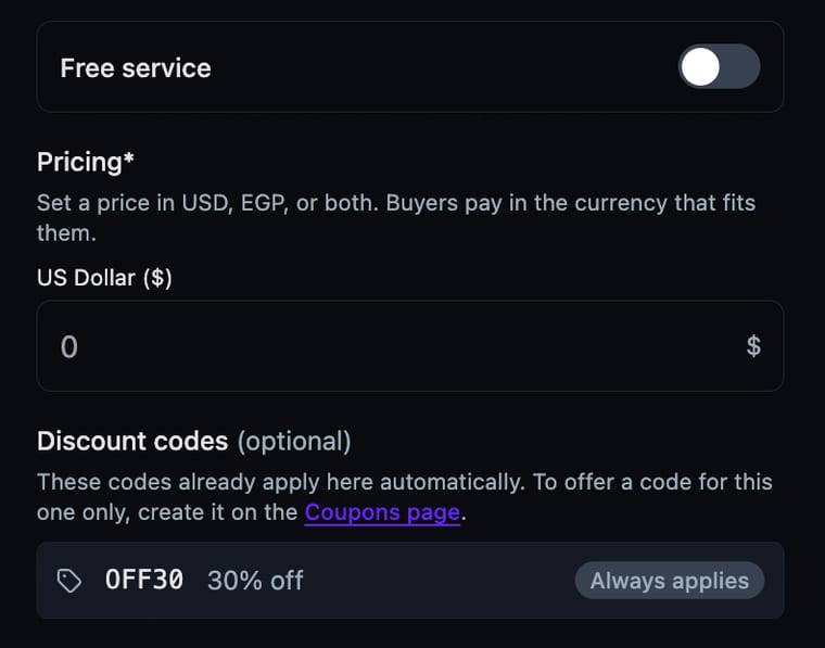The paid consultation settings with an active OFF30 discount code showing 30% off with an Always applies badge, and a link to the Coupons page to create additional codes