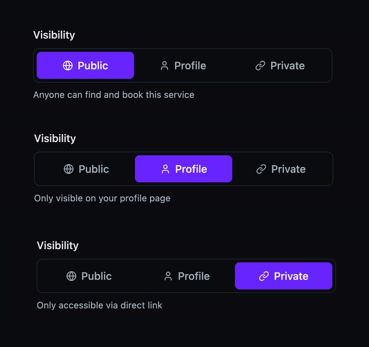 Three visibility options shown in their selected states — Public with the description 'Anyone can find and book this service', Profile with 'Only visible on your profile page', and Private with 'Only accessible via direct link'