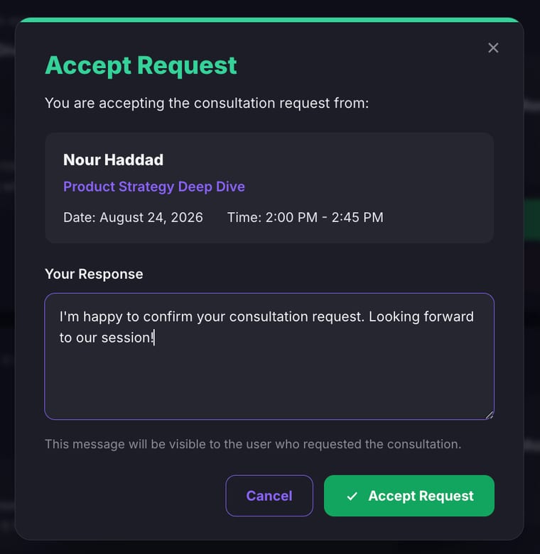 The Accept Request modal showing the client name, service title, date and time, a Your Response text field with a confirmation message, and Cancel and Accept Request buttons