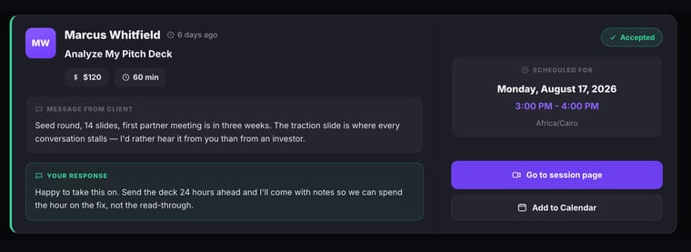 An accepted consultation request card showing Accepted status badge, client name, service title, price, duration, scheduled date and time, message from client, your response, and Go to session page and Add to Calendar buttons