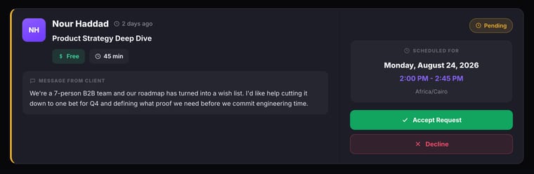 A pending consultation request card showing the client name, service title, Free price badge, 45 min duration, scheduled date and time, message from client, Pending status badge, and Accept Request and Decline buttons