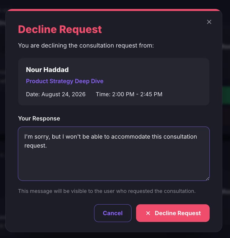 The Decline Request modal showing the client name, service title, date and time, a Your Response text field with a decline message, and Cancel and Decline Request buttons