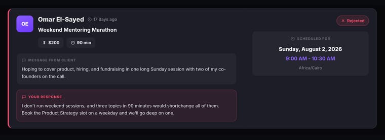 A rejected consultation request card showing Rejected status badge, client name, service title, price, duration, scheduled date and time, message from client, and your decline response