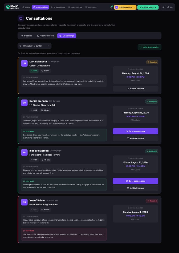 The My Bookings tab showing four booking cards with Pending, Accepted, Accepted, and Rejected statuses, each displaying expert name, service title, price, duration, scheduled date and time, your message, and expert response where applicable