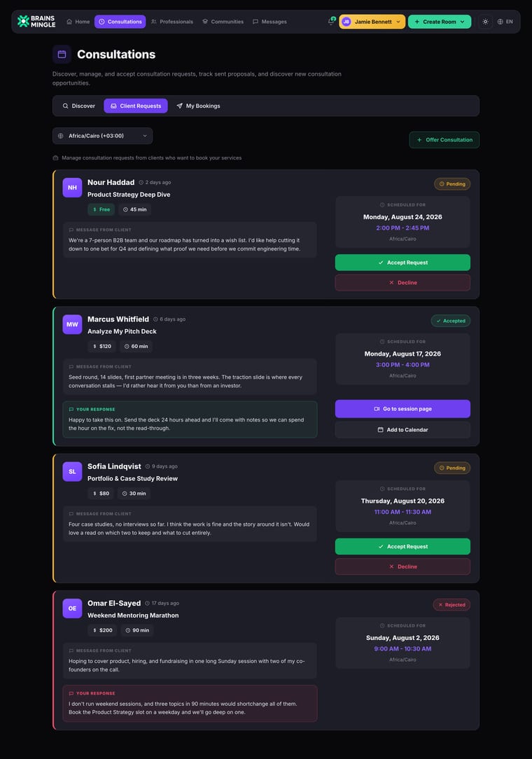 The Client Requests tab showing four request cards with Pending, Accepted, Pending, and Rejected statuses, each displaying client name, service title, price, duration, scheduled date and time, message from client, and action buttons