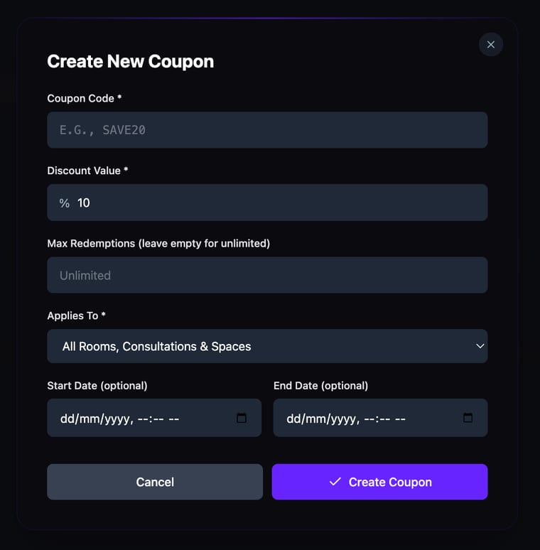 The Create New Coupon dialog with fields for Coupon Code, Discount Value, Max Redemptions, Applies To, Start Date, and End Date