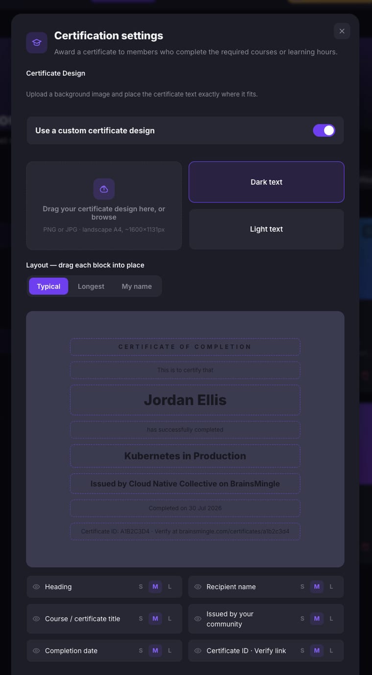 The custom certificate design editor showing a background image upload area, Dark text and Light text options, layout presets for Typical, Longest, and My name, a live certificate preview with draggable text blocks, and text element controls for size and visibility