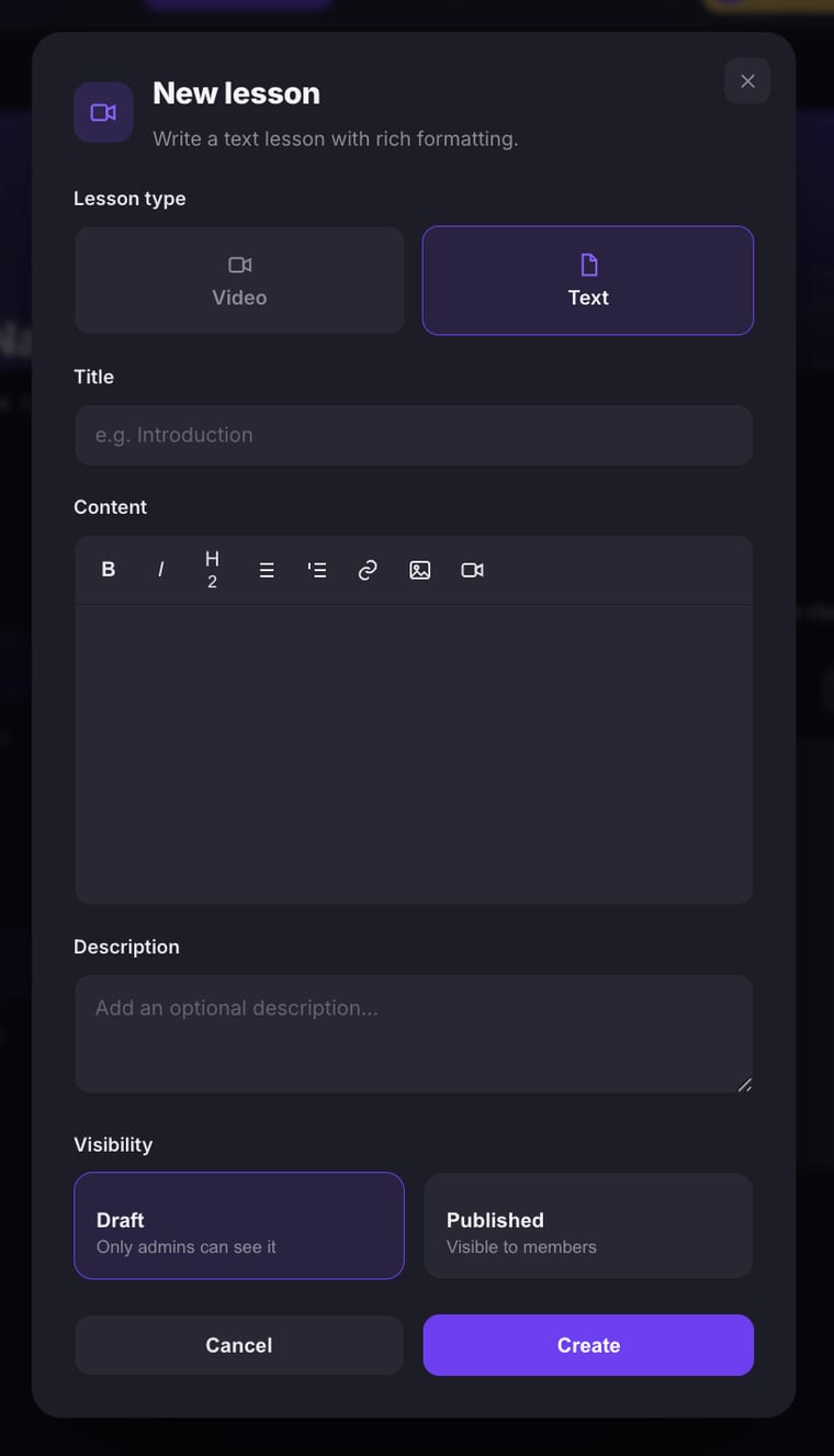 The New lesson dialog with Text type selected, showing a rich text editor with formatting toolbar for bold, italic, headings, lists, links, images, and video embeds, followed by Description and Visibility fields