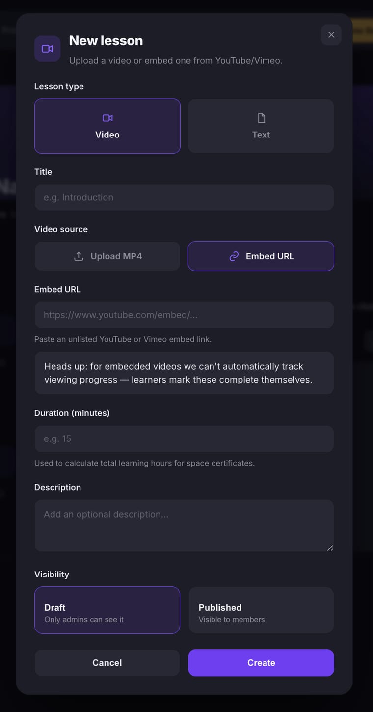 The New lesson dialog with Video type and Embed URL selected, showing the Embed URL field with a YouTube placeholder, an info note about tracking limitations, Duration field, Description, and Visibility options