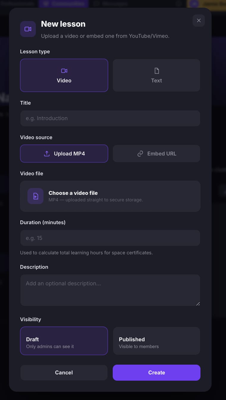 The New lesson dialog with Video type selected and Upload MP4 chosen, showing a video file upload area, Duration field, Description field, and Visibility options with Draft and Published