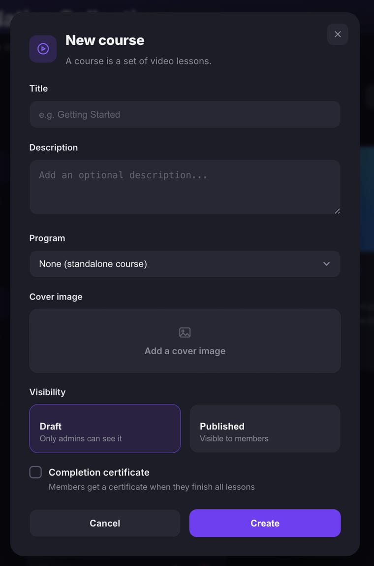 The New course dialog showing Title, Description, Program dropdown, Cover image upload area, Visibility options with Draft and Published, and a Completion certificate checkbox