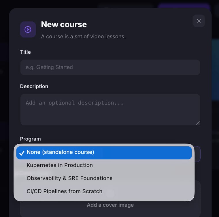 The Program dropdown expanded showing None (standalone course) selected with a checkmark, and three available programs listed below