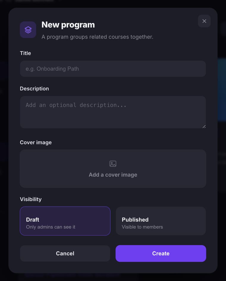 The New program dialog showing Title, Description, Cover image upload area, and Visibility options with Draft and Published choices