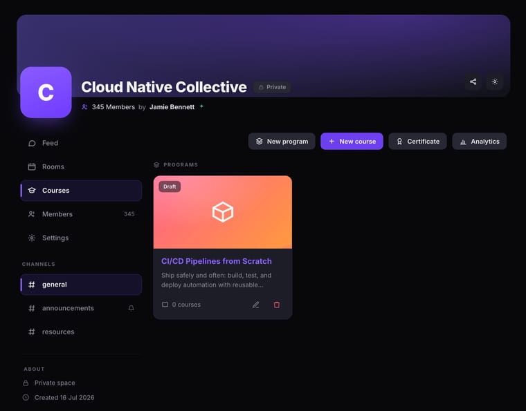 The Courses tab showing a single program card with a Draft badge, cover image, title, description, 0 courses count, and edit and delete icons