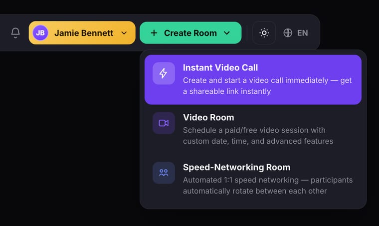 The Create Room dropdown expanded with Instant Video Call highlighted as the first option
