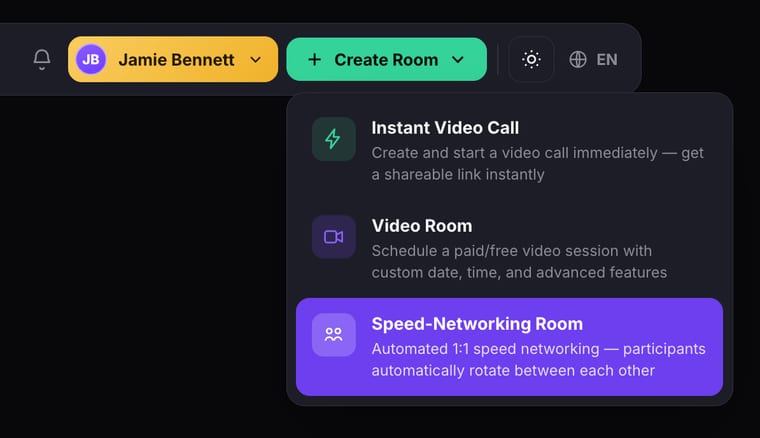 The Create Room dropdown showing Instant Video Call, Video Room, and Speed-Networking Room options