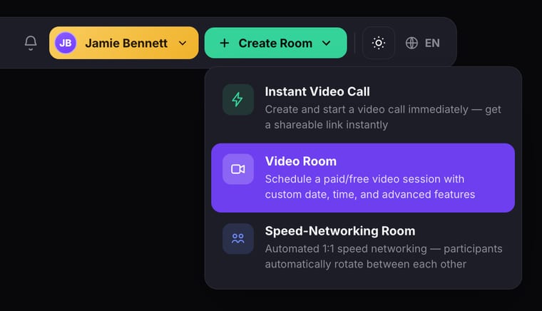 The Create Room dropdown expanded showing three options: Instant Video Call, Video Room, and Speed-Networking Room