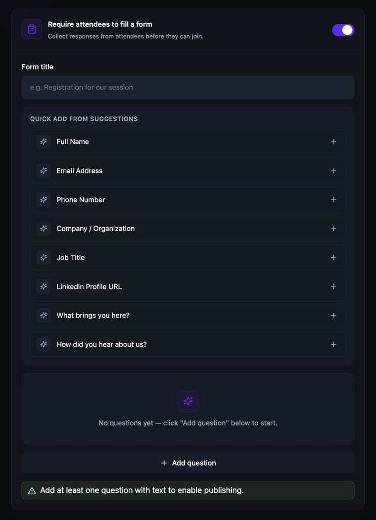 The registration form builder showing form title, quick add suggestions, and add question option