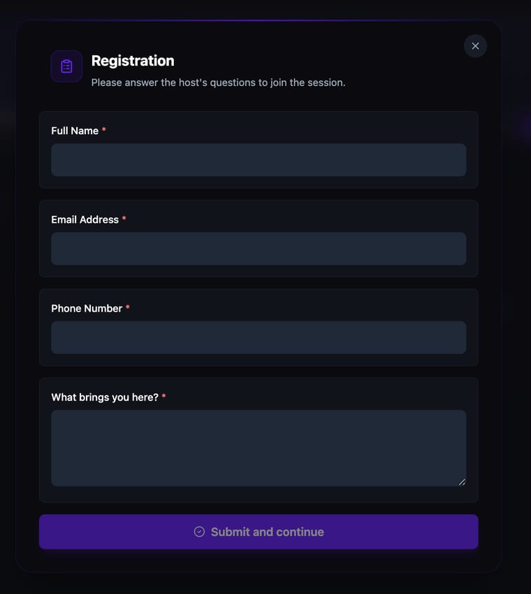 The join form modal as seen by an applicant, showing Full Name, Email Address, Phone Number, and What brings you here fields, each marked as required, with a Submit and continue button at the bottom
