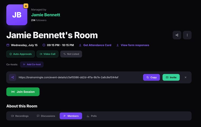 The room page showing the host profile, room title, date and time, session badges for Auto-Approvals, Video Call, and Not Listed, Get Attendance Card and View form responses links, Co-hosts section, share bar with Copy and Invite buttons, Join Session button, and About this Room tabs for Recordings, Discussions, Members, and Polls