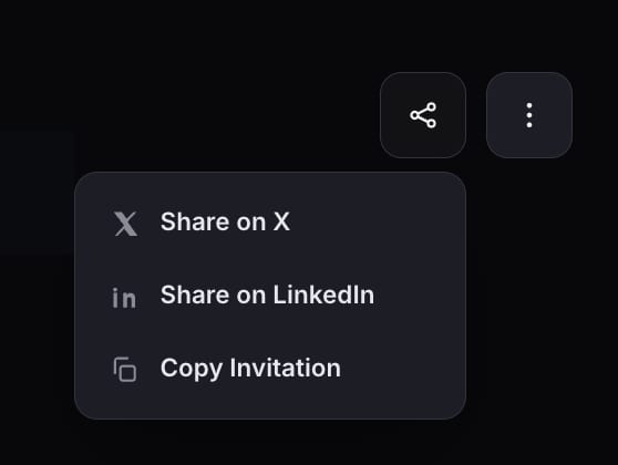 The share dropdown showing three options: Share on X, Share on LinkedIn, and Copy Invitation