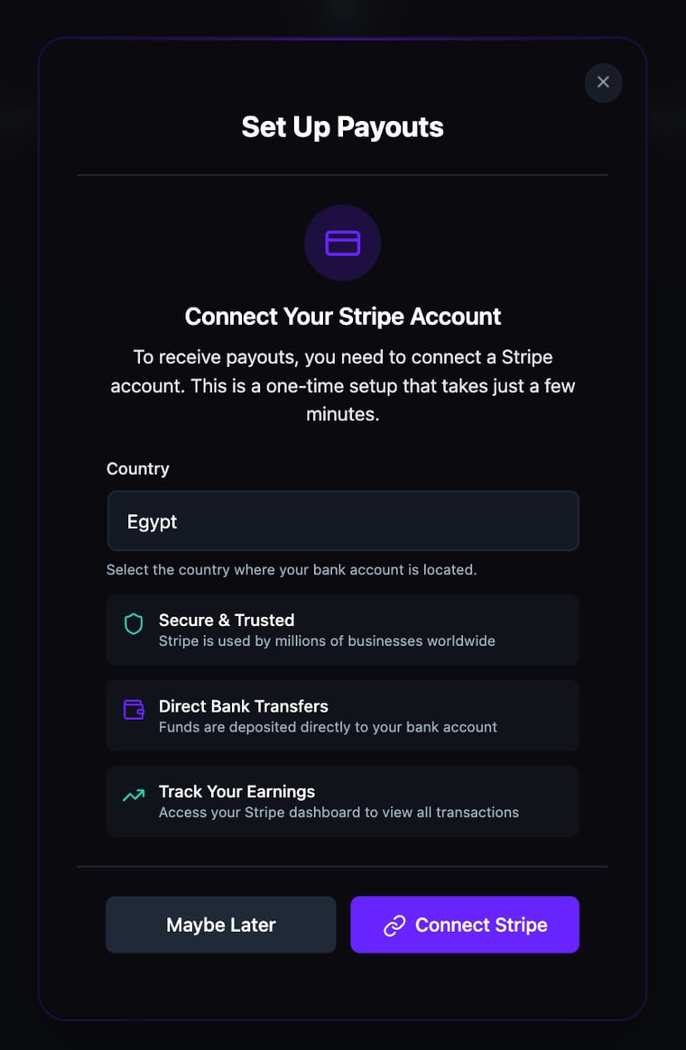 The Set Up Payouts modal showing country selection, security information, and Connect Stripe button