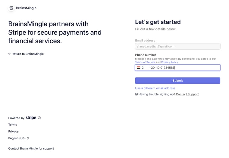 The Stripe onboarding page showing email address and phone number fields with a Submit button