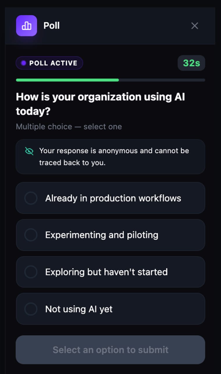 An active poll showing a question with four answer options, an anonymous notice, a countdown timer, and a submit button