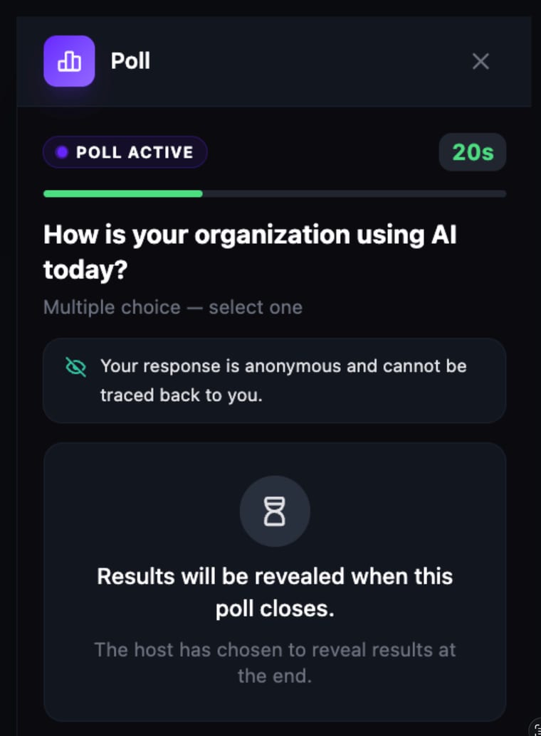 The poll after a participant has answered, showing a message that results will be revealed when the poll closes