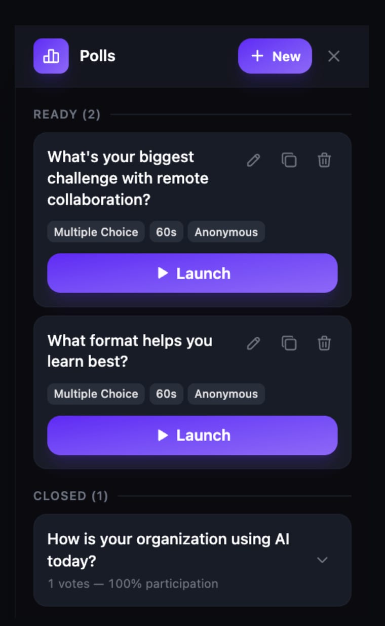The Polls panel showing two polls in the Ready section with Launch buttons, and one closed poll below