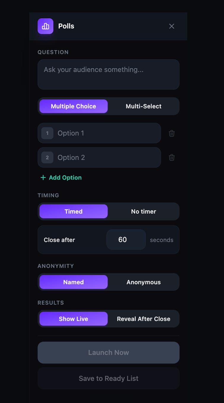 The poll creation form with fields for question, poll type, options, timing, anonymity, and results
