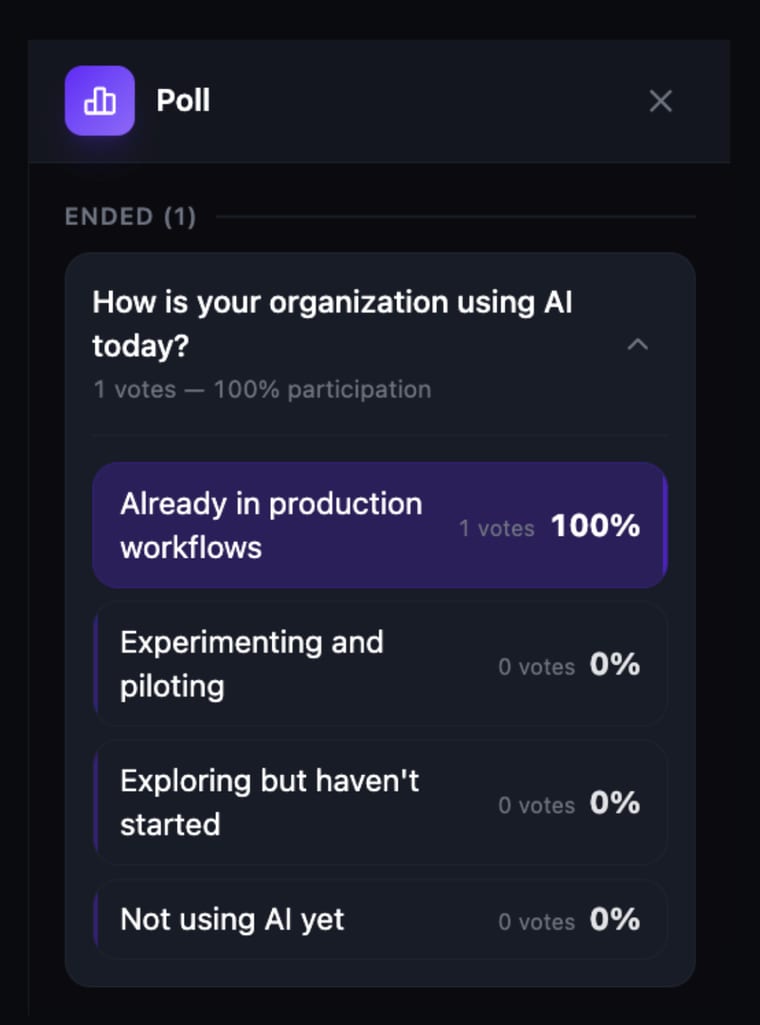 A closed poll showing results with vote counts, percentages, and the winning option highlighted in purple