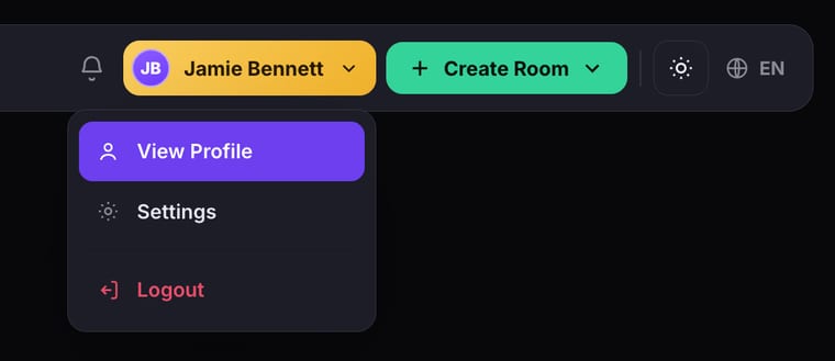 The profile dropdown menu showing View Profile, Settings, and Logout options