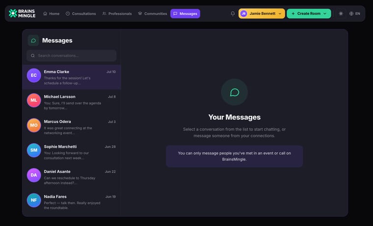 The Messages page showing the conversation list on the left with search field, and the empty state on the right prompting you to select a conversation