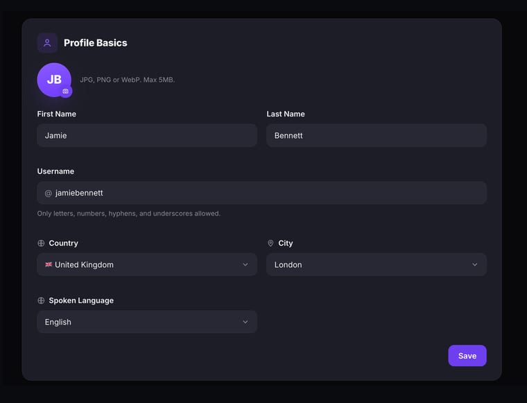 The Profile Basics section showing profile photo, first name, last name, username, country, city, and spoken language fields