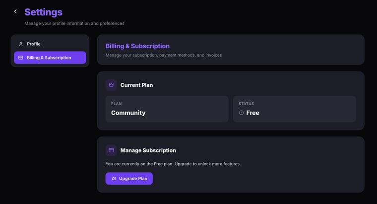 The Billing & Subscription tab showing the Current Plan section with plan and status, and a Manage Subscription section with an Upgrade Plan button