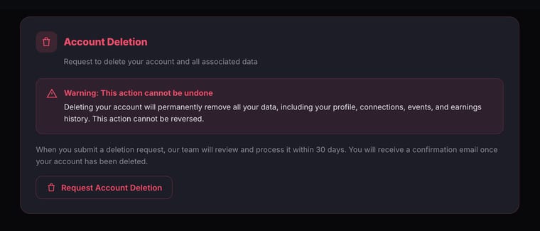 The Account Deletion section showing a warning that the action cannot be undone and a Request Account Deletion button