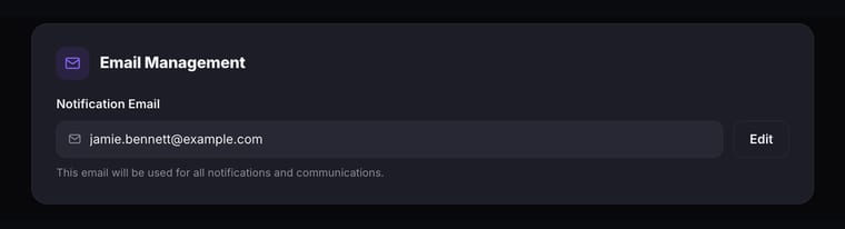 The Email Management section showing the notification email field with an Edit button