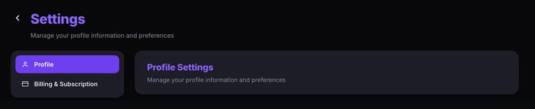 BrainsMingle Settings page header with a Profile and Billing & Subscription sidebar, Profile tab active, beside the Profile Settings panel