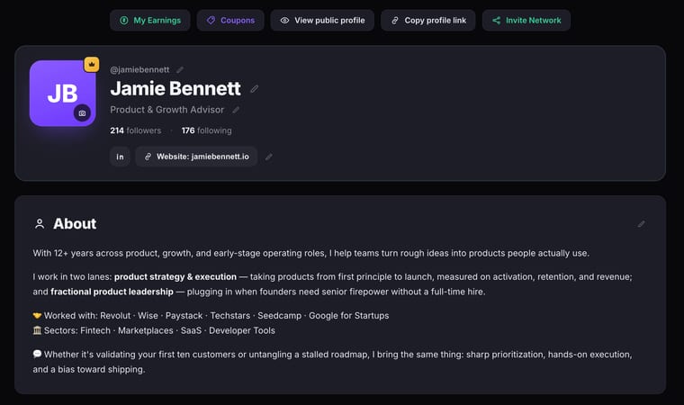 The profile page showing profile photo, name, job title, follower counts, social links, About section, and action buttons at the top