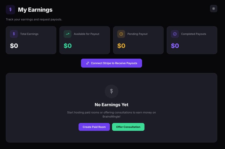 BrainsMingle My Earnings page in its empty state: Total Earnings, Available for Payout, Pending Payout, and Completed Payouts all at $0, a Connect Stripe to Receive Payouts button, and a No Earnings Yet message with Create Paid Room and Offer Consultation buttons