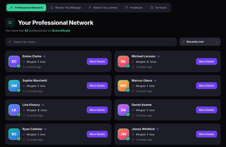 The Professional Network tab showing a search bar and Recently met sort option