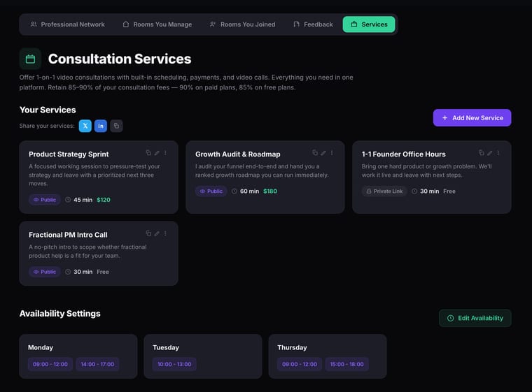 The Services tab showing consultation services with names, visibility, duration, pricing, availability settings, and share options