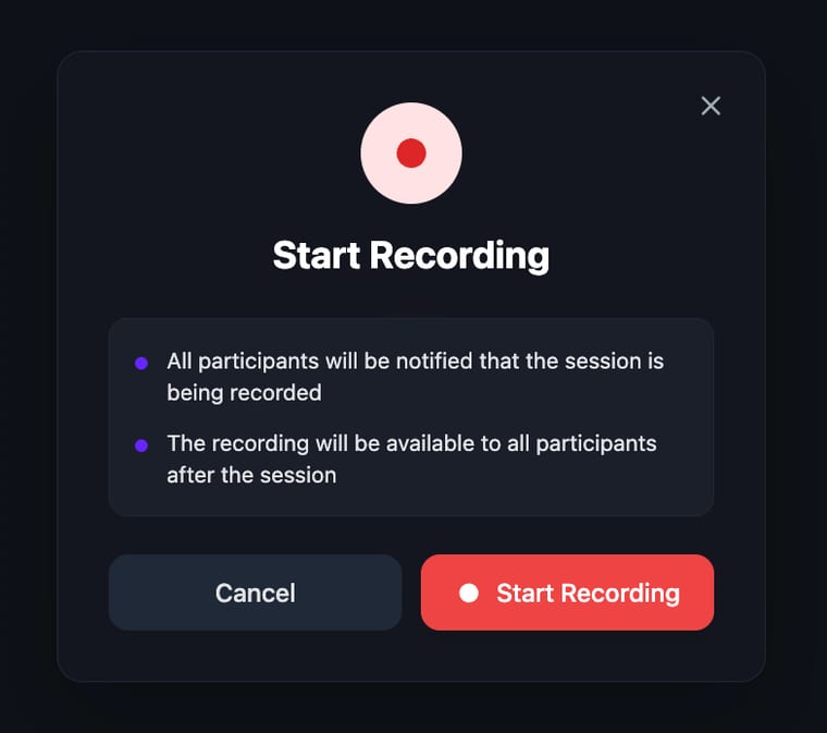 The Start Recording dialog showing two notes about participant notification and recording availability, with Cancel and Start Recording buttons