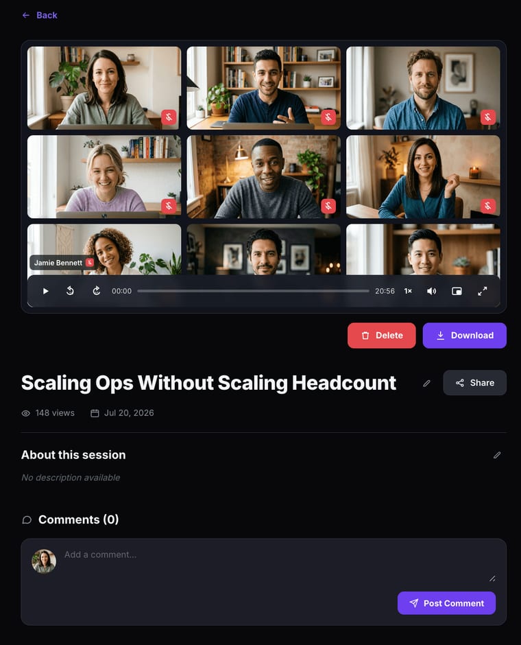 The recording playback page showing a 3x3 video grid with 9 participants, a video player with play, rewind, forward, progress bar, speed, volume, and fullscreen controls, Delete and Download buttons, session title with edit icon and Share button, view count, date, About this session section with an edit icon to update the description, and a Comments section with an Add a comment field and Post Comment button