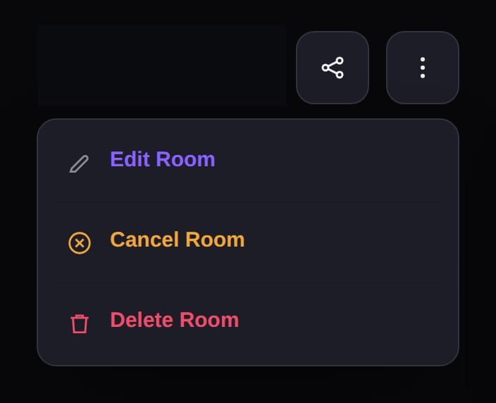 The three-dot menu showing Edit Room, Cancel Room, and Delete Room all available, with Delete Room in red